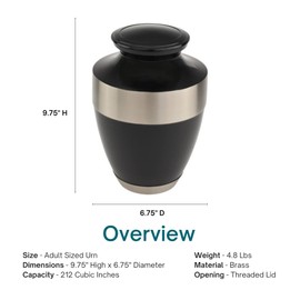 Adria Black Cremation Urn with Silver Band, Brass, Black and Silver Cremation Urn for Ashes, Adult Sized Cremation Urn, 9.75 Inches High