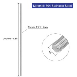 QUARKZMAN 5 Pieces Threaded Rods, M6 x 300 mm, 304 Stainless Steel, Threaded Rod with Metric Full Thread, M6-1 Threaded Screw for Furniture and Machine Assembly