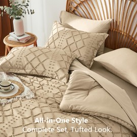 ALAOOKKA Khaki Tufted Comforter Set King Size 7 Piece Bed in a Bag,Shabby Chic Boho Comforter and Sheet Set,All Season Soft Microfiber Complete Bedding Set(Khaki,102"x90")