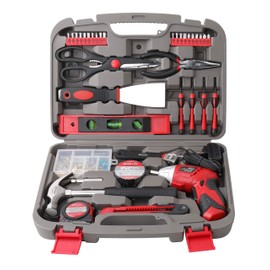 Apollo Tools 135 Piece Household Tool Set with Pivoting Dual-Angle 3.6 Volt Lithium-Ion Cordless Screwdriver – Includes Most-Needed Tool Selection and Hanging Assortment- Red - DT0773