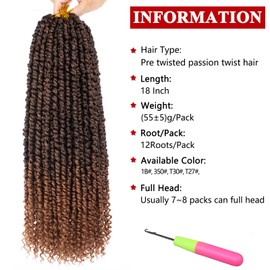 Xtrend 8 Packs Pre-twisted Passion Twist Crochet Hair 18 Inch Natural Black Pre-looped Crochet Braids Hair For Women Bohemian Synthetic Passion Braiding Hair Extension (8packs, T30#)