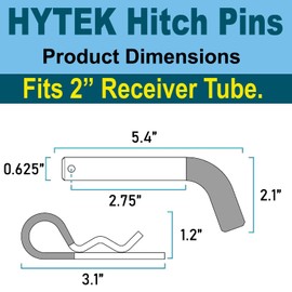 HYTEK Trailer Hitch Pin (Tow Pin) and Clip, 5/8 inch Diameter Pin for 2" Hitch Receiver, with Black Vinyl Coated Rubber Grip, (5/8 inch, 2-Pack)
