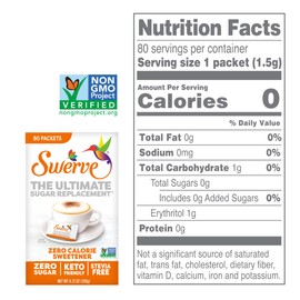 Swerve Zero Calorie Sweetener with Erythritol, Stevia-Free Sugar Replacement, 80 Packets