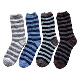 Mode Select Fluffy Socks, Men's, 4-Pair Set, Warm, Thick, Winter Socks, Men's, Thick, Fluffy, Soft Room Socks, Border 4 Pair Set (Color Available), Black, Gray, Brown