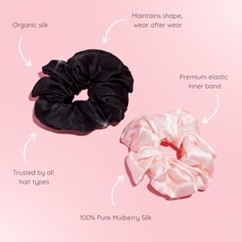 SILKIE Juego de 2 coleteros de seda de morera 100 % pura, color crema, rosa, café, negro, grande, de gran tamaño, de seda, para el cabello, elásticos,