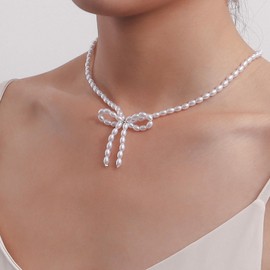 Inateannal Boho Pearl Choker Necklace Pearl Bow Pendant Necklace White Pearl Necklace Silver Short Pearl Necklace Wedding Pearl Necklace Jewellery for Women and Girls, Zinc, No Gemstone