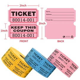 L LIKED 3000 Pcs Raffle Tickets - 3 Color Set of 1000 Pcs 2" x 2" Double Roll Consecutively Numbered 50/50 Tickets for Events& Door Prize- Blue/Yellow/Pink
