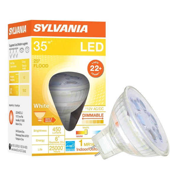 SYLVANIA GLASS LED Flood LAMP, MR16, 6 WATTS, 3000K, 82 CRI, GU5.3 Base, 12 Volts, DIMMABLE, 1 Pack, Warm White (78240)