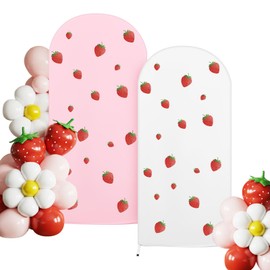 Tegeme 12 Pcs Berry First Birthday Backdrop Cover Set 7.2ft 6ft Pink and White Stretchy Arch Cover with 10 Sheets Strawberry Decal Sign Wall Stickers for Birthday Party Baby Shower Wedding Decorations
