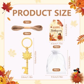50Pcs Thanksgiving Key Bottle Opener Bulk, Maple Leaf Keychain Party Favors with Cards Ropes, Festive Beer Opener Keychains for Home Decor Thanksgiving Theme Party Supplies Holiday Gifts