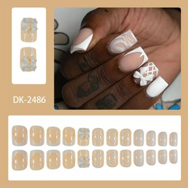 White French Tip Press on Nails Medium Square Fake Nails French Glossy Bow False Nail with White Glitter Design Nude Pink Acrylic Nails Full Cover Artificial Glue on Nails for Women DIY 24Pcs