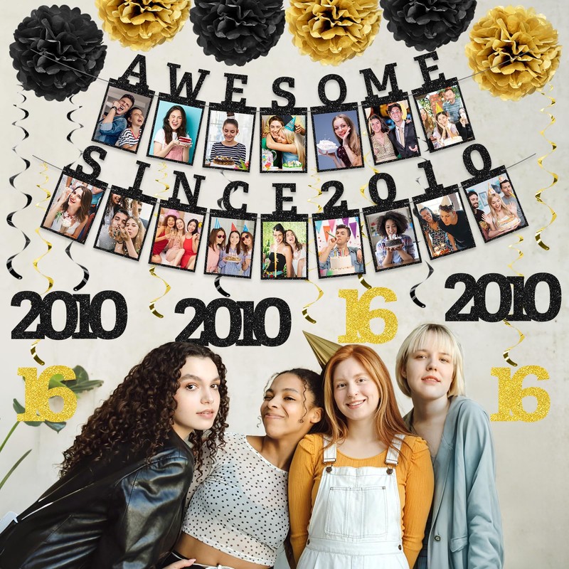 Awesome Since 2010 Photo Banner, Black Gold Sweet 16 Party