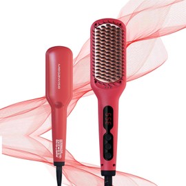 Updated 2025 Megawise Pro Ceramic Ionic Hair Straightener Brush – Fast 20s Heating, Auto-Off, Anti-Scald, Dual Voltage, Rotatable Power Cord – Home Salon Styling (Tomato Red)