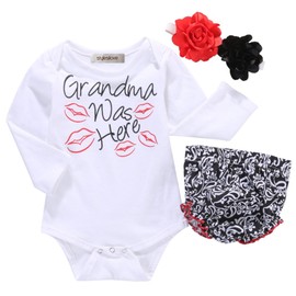 stylesilove Baby Girls Grandma was Here Cotton Romper with Shorts and Headband 3pcs Outfit (White - Long Sleeve, 6 Months)