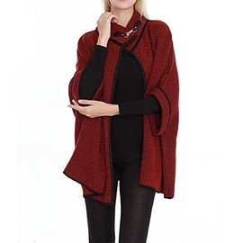 stylesilove Women Sweater Knit Cardigan with Buckle Fashion Jacket Shawl Poncho Warm Wrap for Fall Winter Season (Burgundy)