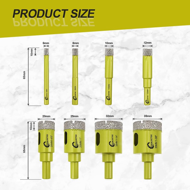 Diamond Core Drill Bits Set - 8pcs (6/8/10/12/20/25/32/35mm) Hole Saw
