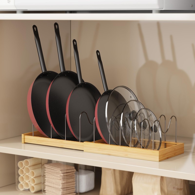Tomorotec Bamboo Pot Lid Holder with Adjustable Stainless Steel Dividers,