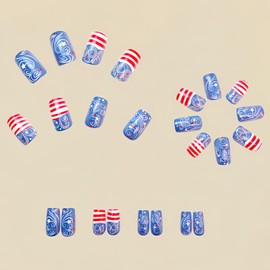 FIEONCIY Independence Day Press on Nails Square Shaped Acrylic Medium Length False Nails with Patriotic Designs Artificial Flag Square Fake Nails July 4th Glue on Fingernails for Women Girls（Y639）