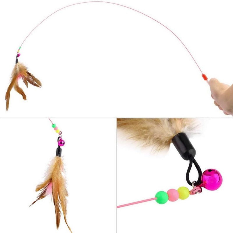 Cat Feather Toy, Interactive Feather Teaser Wand with Bells, Feathers