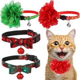 Frienda 4 Pcs Christmas Cat Collar Breakaway Adjustable Safety Kitten Collar with Cute Bow Tie and Bell Plaid Snowflake Green Red Flower Patterns Cat Collar for Pet Puppy Animal Holiday Accessories