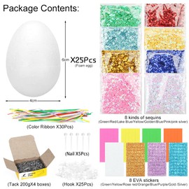 Sprinlot Easter Eggs Styrofoam Craft Set, 25 Pieces Easter Styrofoam Eggs for Crafts Set, Handmade Easter Eggs Craft Items, Easter Eggs for DIY Including Colourful Sequins, Pins, Self Stickers