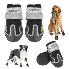 ODRIEW Dog Shoes for Large Dogs, Dog Boots & Paw Protectors, 4Pcs Dog Booties, Rugged Anti-Slip Sole, with Night Reflective Strip for Hot Pavement and Rain or Snow Outdoor Walking. (Black, 8)