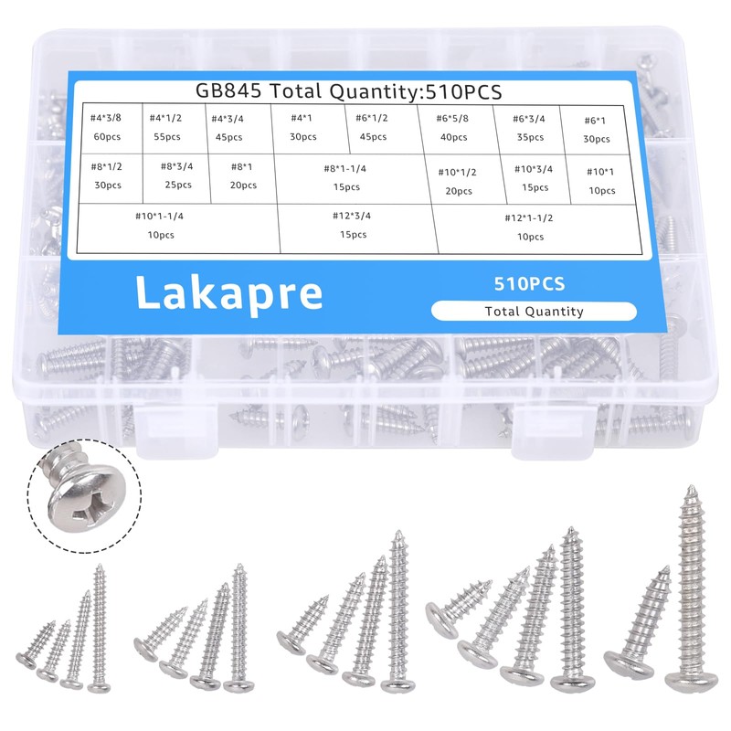 510Pcs Stainless Steel Wood Screws Assortment Kit - #4#6#8#10#12 Phillips