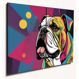 The Plum Penguin English Bulldog Pop Art Wooden Wall Decor, A4 MDF Duo Set, Psychedelic Bold Prints Canvas Alternative 40 x 30cm