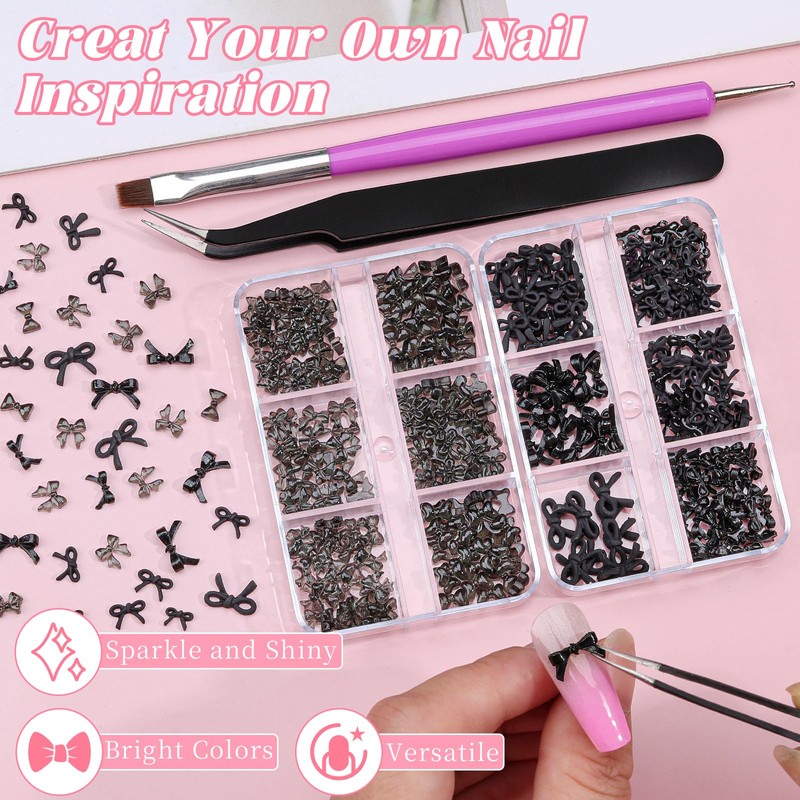 2 Boxes 3D Bow Nail Charms, Black Mini Bow Charms