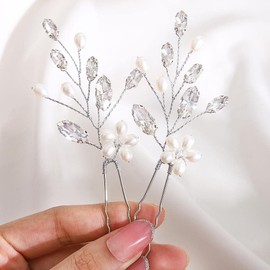 Fairvir Bridal Wedding Hair Pins Silver Sparkling Rhinestone Hairpin Beads Bridal Hair Accessories for Women and Girls (2 Pieces) (Silver)