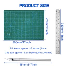 JONMON Self Healing Cutting Mat - 9 x 12 Inch Rotary Sewing Board, Double Sided 3mm Thick Quilting Engraving Cutter Mat Set with Craft Exacto Knife and 12 Inch Metal Ruler for Fabric Leather