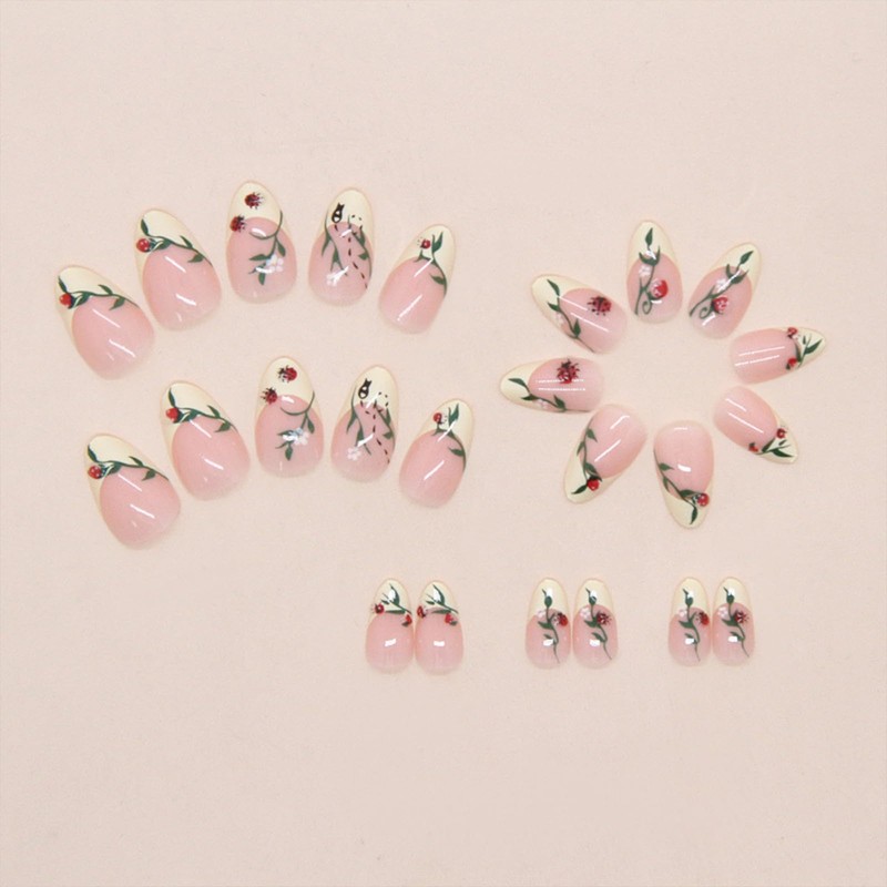 CECOBAG 24Pcs Short Almond Shape Nails with 3D Ladybug Leaf