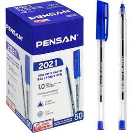 Pensan 2021 Ballpoint Pens, 1.0mm Medium Point, Ergonomic Triangular Grip, Pack of 50 Pens for Office & School (Blue)