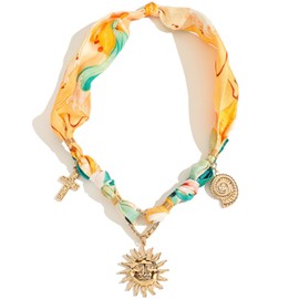 Bandana Charm Necklace for Women-Dainty Gold Carabiner Beach Charm Necklace Sun Conch Cross Pendant Scarf Necklaces,Fabric Statement Jewelry, Bandana Boho Chic Jewelry