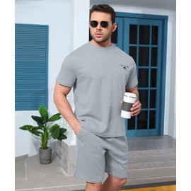 ThusFar Men's Waffle Shirt and Shorts Set 2 Piece Outfits Summer Tracksuits Set with Pockets Athletic Casual Outfits Gray L