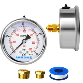 Hansfelds 0-40bar Pressure Gauge Liquid Filled 1/4'' BSP Back Mount 63mm Dial Face stainless steel case Brass Connection Dual Scale bar/psi Accuracy1.6,2Pieces Bushing reducer 1/4"to 3/8",1/4"to1/2"