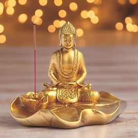 4.25"W Golden Buddha Incense Burner Statue ation Figurine Home Decor Unique Gift