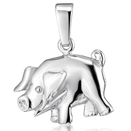 Materia Necklace with Pig Pendant Rhodium-Plated 925 Silver – Children's Lucky Charm + Box #KA-197_K30-45, Sterling Silver, No Gemstone