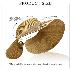 TUONYIS Straw Hat Sun Visor Hat, Wide Brim Ponytail Summer Beach Hats, Packable Caps, Roll up Cap, Breathable, UV Protection, for Travel, for Women Summer Vacation (Khaki)