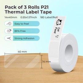 NELKO Genuine P21 Label Maker Tape, Adapted Label Print Paper, 14x40mm (0.55"x1.57"), Standard Laminated Office Labeling Tape Replacement, Multipurpose of P21, 180 Labels/Roll, 3-Roll, Transparent