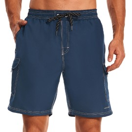 HODOSPORTS Mens Swim Trunks with Compression Liner 9 inch Quick-Dry Men’s Swim Shorts with Cargo Pockets Navy L