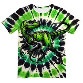 UGTEWXU Kids Green Tie Dye Shirt for Girls Boys Dinosaur Shirts Velociraptor T-Shirt Hippes Tee Size 6-16 Years Age Medium