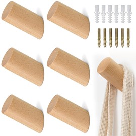 Wooden Coat Hooks, 6 PCS Single Wood Coat Hook 8 cm Wooden Coat Pegs Wall Mounted Wooden Pegs Hooks with Screws for Hanging Clothes Hat Towel
