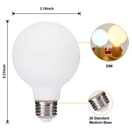 truestory G25(G80) Globe Light Bulb 6pack Inner White， Warm White 2700K CRI 90, 5W Equivalent to 50W, Dimmable 450LM E26 Base,Suitable for Any Occasion