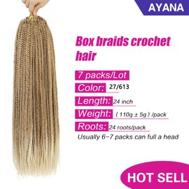 Box Braid Crochet Hair 24 Inch 7 Pack Crochet Box Braids Pre Looped Medium Box Braids Crochet Hair Crochet Braids For Black Women 24 Strands/Pack (24inch, 27/613)