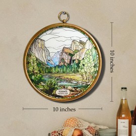 WREVERW Vintage Yosemite National Park Wall Hanging, Round Faux Stained Glass Style Acrylic Artwork with Metal Frame, Iconic Valley Scene Wall Art Decor for Living Room or Bedroom, 10 Inch