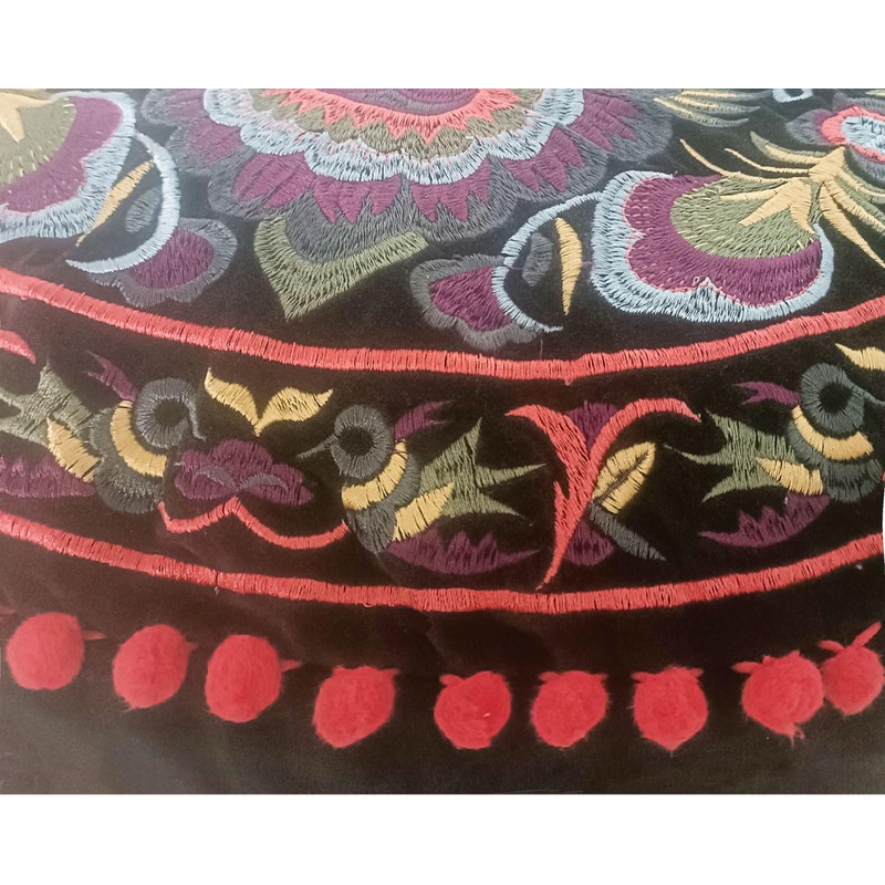 Black Round Pouf Ottoman Cover with Velvet Embroidery - Soft