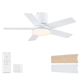 Realmate 42 Inch Ceiling Fans with Lights and Remote, Flush Mount White Ceiling Fan for Bedroom Living Room Indoor/Outdoor, Quiet 6 Speed Reversible DC Motor, 3CCT, Dual Color 5 Blades, ETL Listed