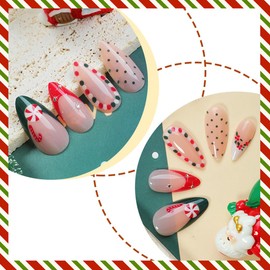 24 Pcs Christmas French Tip Press on Nails Almond Fake Nails Xmas Candy Dots Holly Rhinestones Designs Full Cover Glue on Nails Medium Acrylic False Nails Christmas Stick on Nails for Women Girls