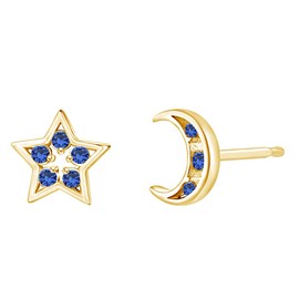 Round Shape Simulated Blue Sapphire Moon With Star Stud Earrings In 14k Yellow Gold Over Sterling Silver For Women
